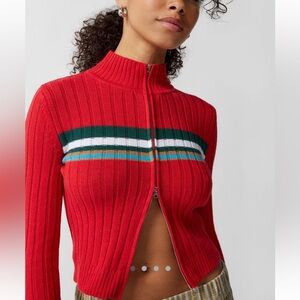 Urban Outfitters Red Zip-Up Sweater with Stripes